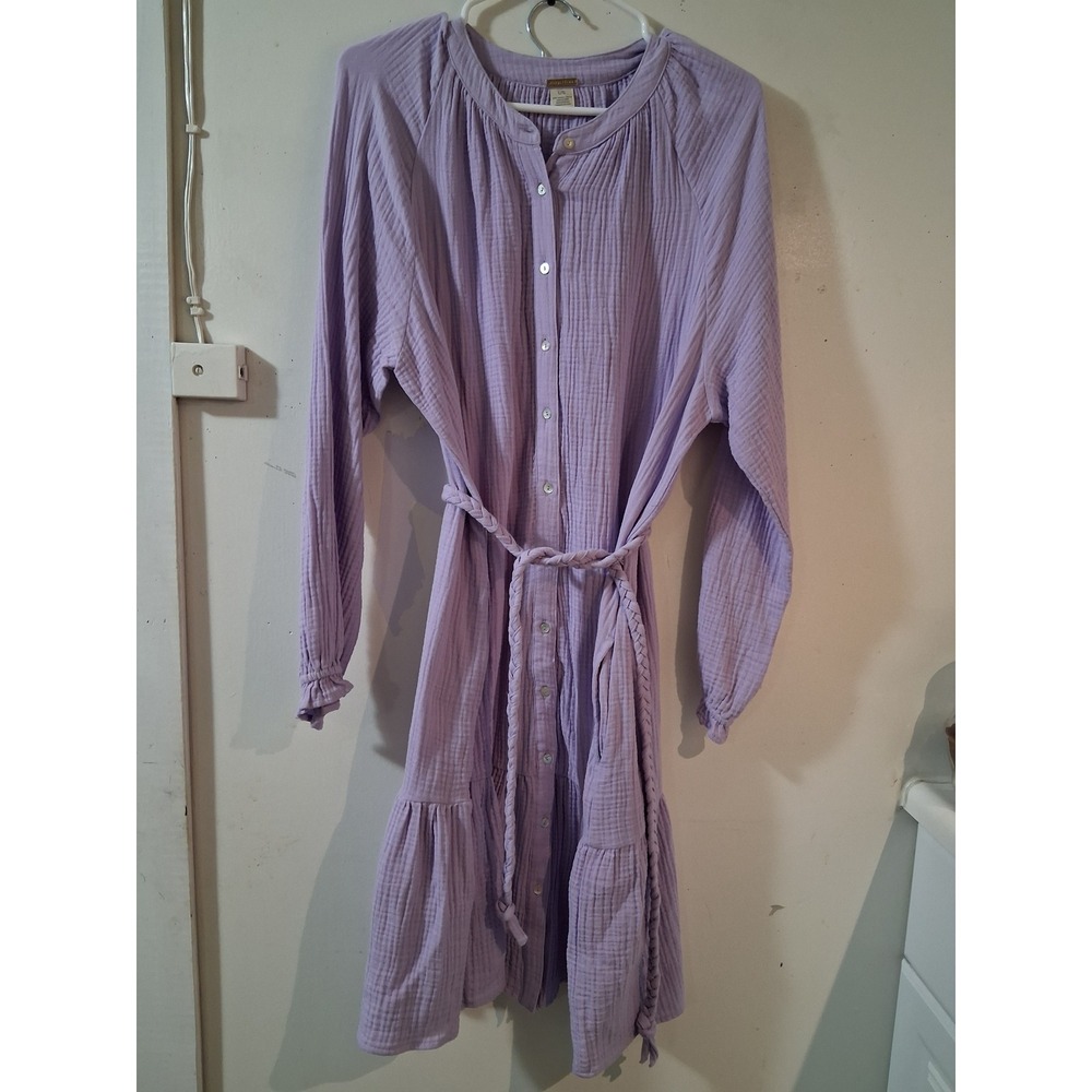 Magaschoni Lavender Organic Cotton Gauze Tiered Button Front Dress Large L